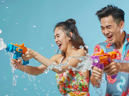 Asian Couple Having Fun Playing Water Guns Wearing Colorful Patterned Summer Shirts Street Songkran in Thailand
