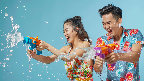 Asian Couple Having Fun Playing Water Guns Wearing Colorful Patterned Summer Shirts Street Songkran in Thailand