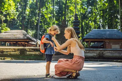 Mom Son Travelers Discovering Ubud Forest Monkey Forest Bali Indonesia Traveling With Children Concept