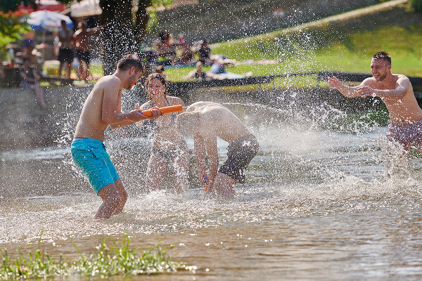 Summer Joy Group Happy Friends Having Fun While Running Splashing River