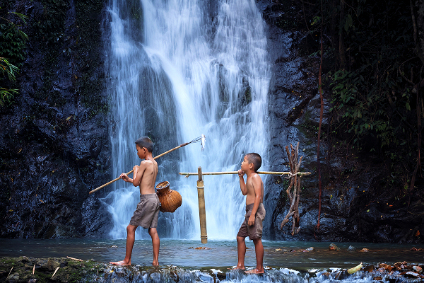 Two Boy Play Laugh Fishing Waterfall
